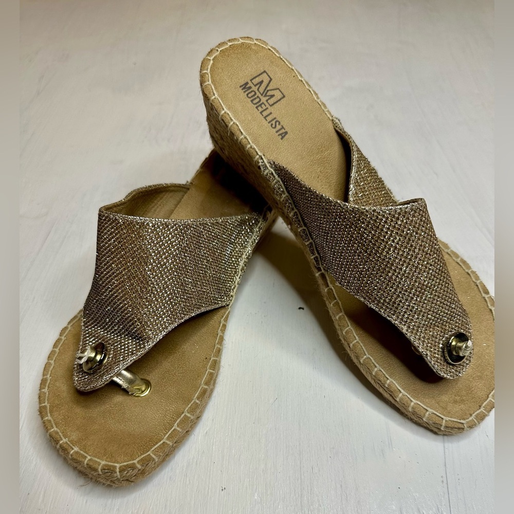 Modellista Gold Metallic Espadrille Wedge Sandals Women’s 7.5 Thong